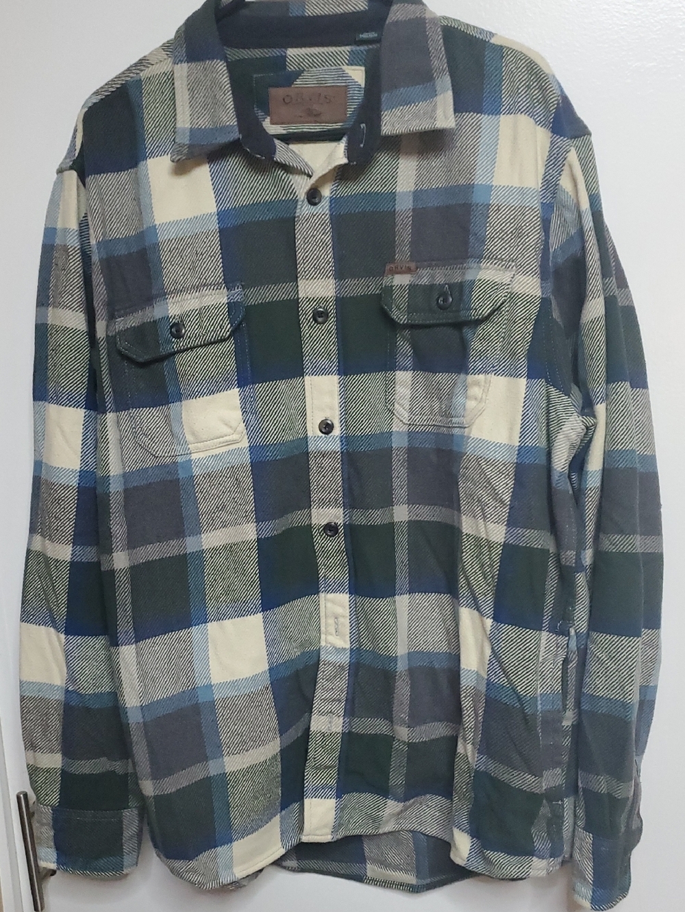Orvis Blue, Green, Cream Plaid Heavy Flannel Shirt with Leather Logo Patch